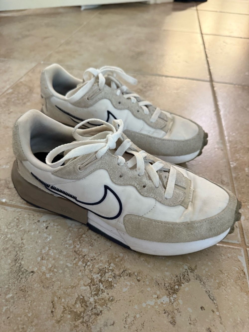 Nike Women's White Beige Sneakers with Navy Swoosh